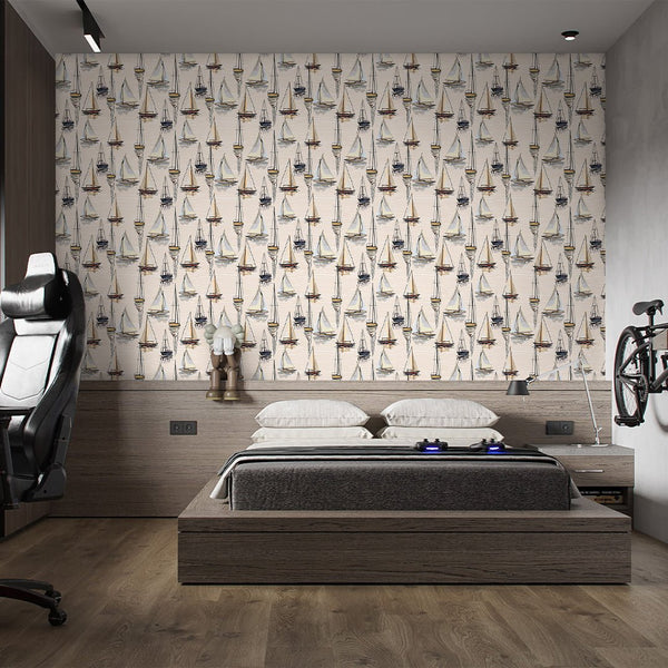 Beige Sailboats Wallpaper A078 - CostaCover-Peel and stick Removable Wallpaper-Abstract-abstract wall art-abstract wallpaper