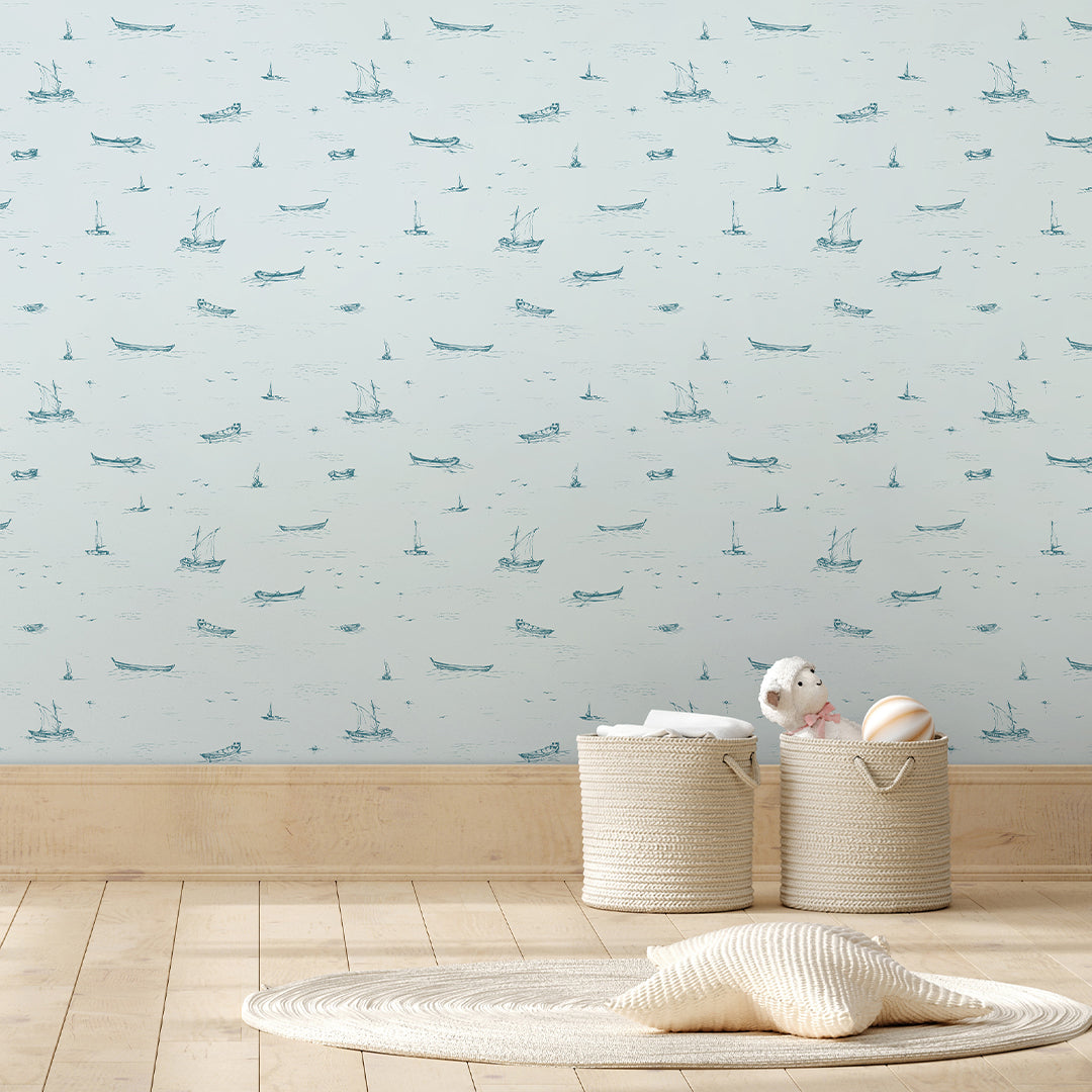 Light Blue Boat Sketch Wallpaper A079