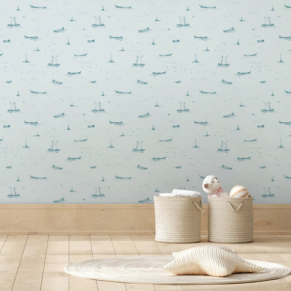 Light Blue Boat Sketch Wallpaper A079 - CostaCover-Peel and stick Removable Wallpaper-Abstract-abstract wall art-abstract wallpaper