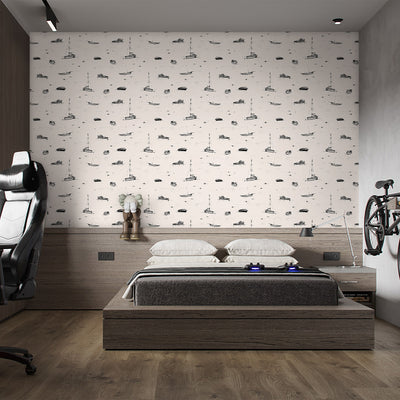 Beige Boat Sketch Wallpaper A080