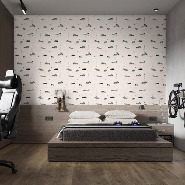 Beige Boat Sketch Wallpaper A080 - CostaCover-Peel and stick Removable Wallpaper-Abstract-abstract wall art-abstract wallpaper