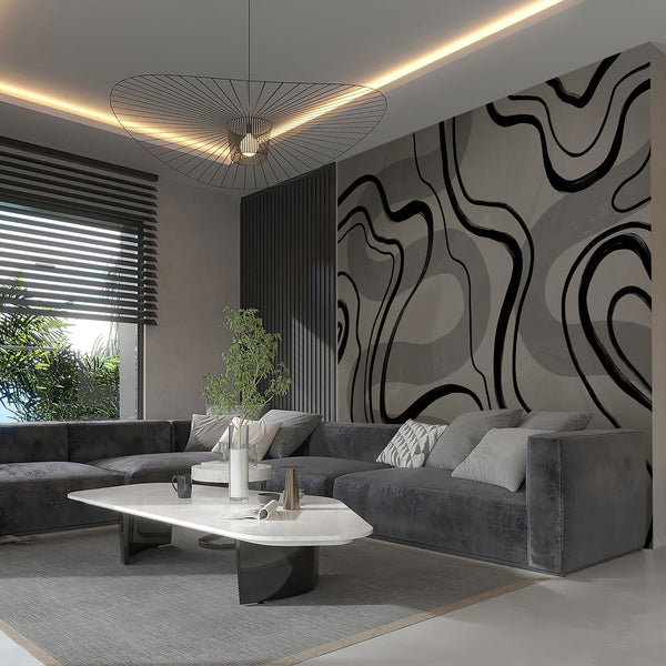 Modern abstract wall mural with bold black curved lines and soft gray textured shapes, ideal for a contemporary bedroom or living room.
