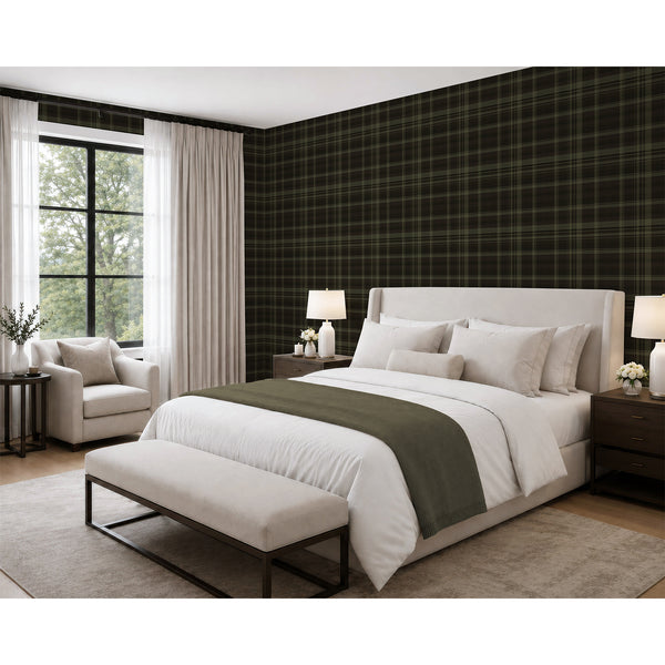 Moody olive green peel and stick wallpaper with a classic tartan plaid pattern, dark charcoal accents, and textured geometric lines for a cozy interior.
