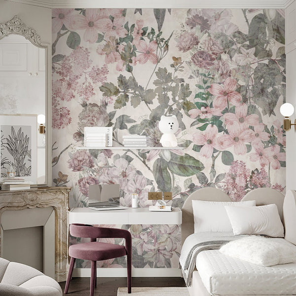 Pink Vintage Flowers Garden Wall Mural SM042 - CostaCover - Peel and stick Removable Wallpaper - abstract floral - abstract wallpaper - accent wallpaper
