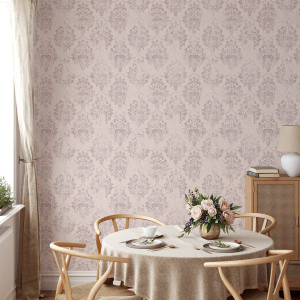 Soft blush damask pattern with distressed detail, adding timeless charm to a feminine home office. Self-adhesive, easy to reposition, made in the USA.