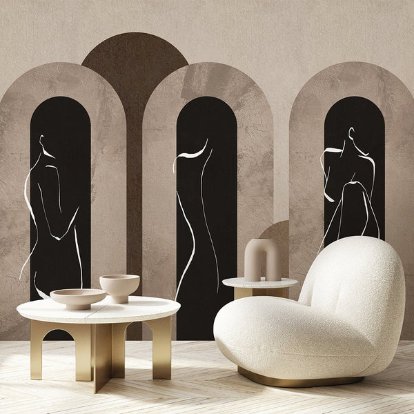 Beige Brown Arches & Girl Lines Wall Mural AM060 - CostaCover - Peel and stick Removable Wallpaper - Abstract - abstract arches - abstract floral