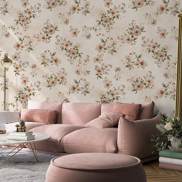 Beige Country Style Flowers Wallpaper S077 - CostaCover - Peel and stick Removable Wallpaper - abstract floral - abstract wallpaper - accent wallpaper
