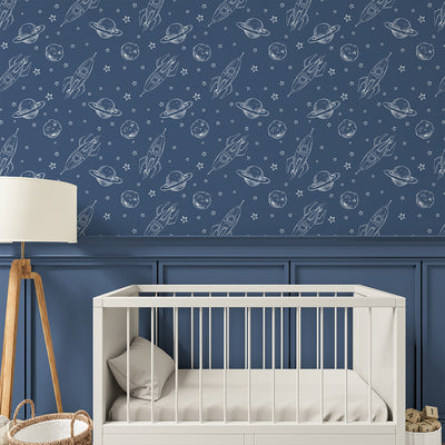 Dark Blue Spaceship & Planet Wallpaper S129