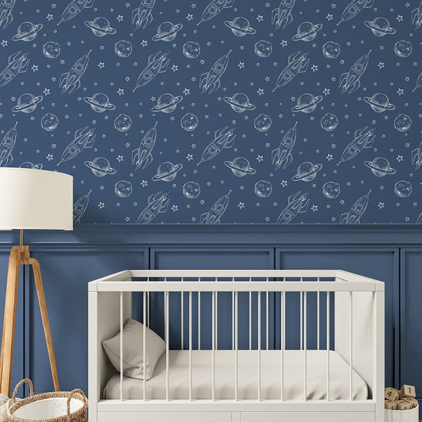 Dark Blue Spaceship & Planet Wallpaper S129 - CostaCover-Peel and stick Removable Wallpaper-abstract wall art-accent wallpaper-adhesive wallpaper