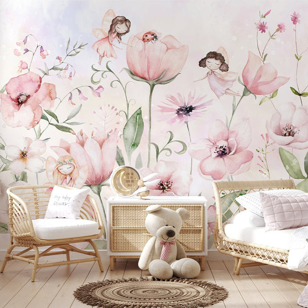 Cute Pink Flower Fairy Wall Mural SM053 - CostaCover - Peel and stick Removable Wallpaper - accent wallpaper - adhesive wallpaper - baby bedroom