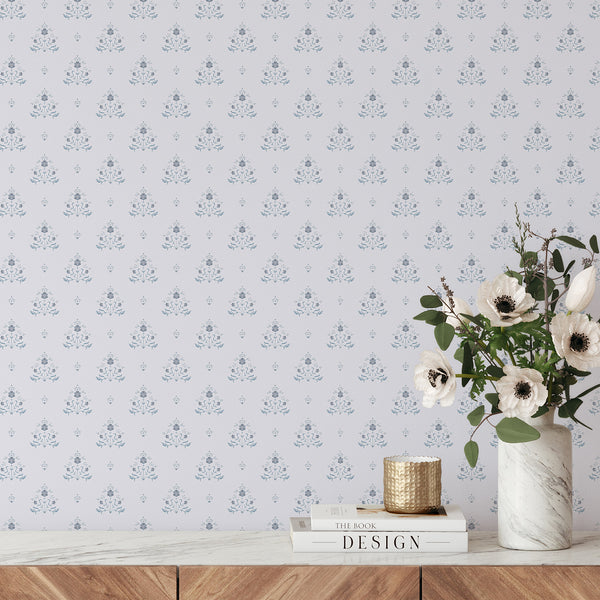 Blue Floral Damask Wallpaper L071
