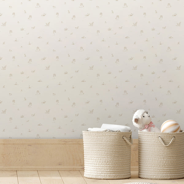 Woodland-themed nursery wallpaper with adorable foxes, trees, and mushrooms in a soft beige palette. This temporary wallpaper is perfect for creating a calm and playful environment in nurseries or children's rooms, offering a gentle and neutral design with its airy and sketchy linework.