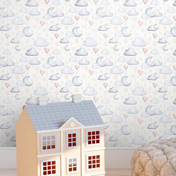 Clouds Moon & Hearts Wallpaper S125 - CostaCover-Peel and stick Removable Wallpaper-accent wallpaper-adhesive wallpaper-baby bedroom