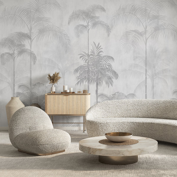 Gray tropical wall mural with graceful palm trees and layered foliage in soft gray and off-white tones for a minimalist bedroom interior.
