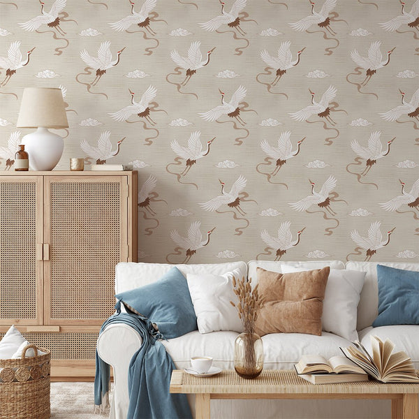 Chinoiserie Crane Beige Grasscloth Wallpaper CG001 - CostaCover - Traditional Wallpaper - accent wallpaper - bathroom wallpaper - bedroom wallpaper