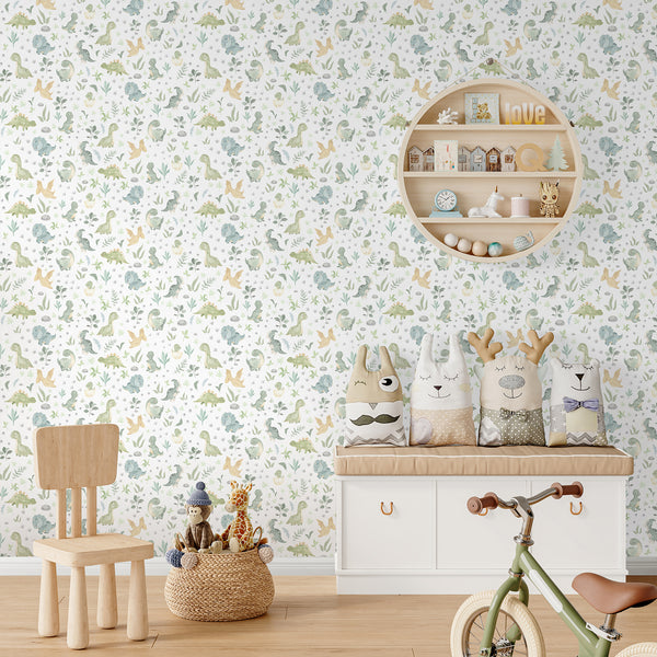 Dinosaur nursery wallpaper with a playful, storybook look, featuring watercolor dinos and plant motifs. The subtle contour shading and pastel tones create a gentle atmosphere, available in high-quality removable materials for easy application.