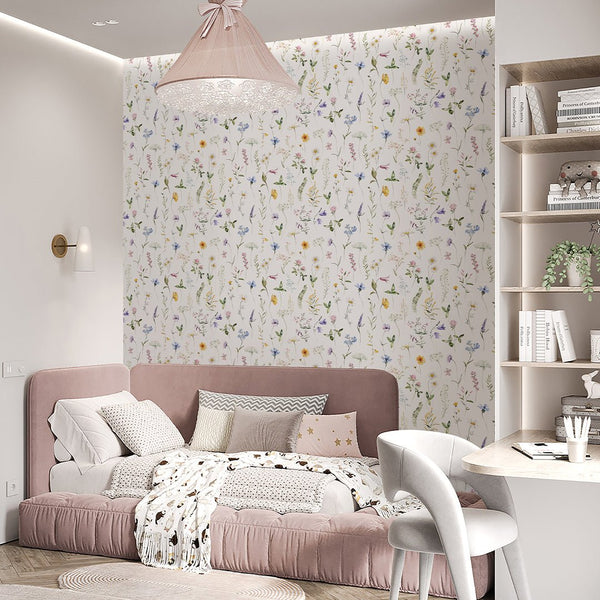 Colored Delicate Wildflowers Wallpaper S072 - CostaCover - Peel and stick Removable Wallpaper - accent wallpaper - adhesive wallpaper - baby bedroom