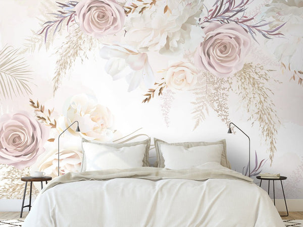 White & Soft Pink Flowers Wall Mural WM007 - CostaCover - Peel and stick Removable Wallpaper - baby bedroom - bedroom interior - bedroom wallpaper