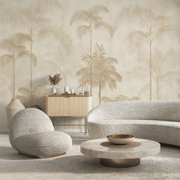 Neutral palm tree wallpaper with an airy tropical landscape of tall beige palms and delicate foliage for a bedroom accent wall or living room.