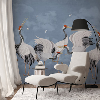 Blue Japanese Cranes Wall Mural WM111