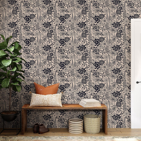 Beige Black Wild Flowers Wallpaper W139 - CostaCover - Peel and stick Removable Wallpaper - Abstract - abstract floral - abstract lines