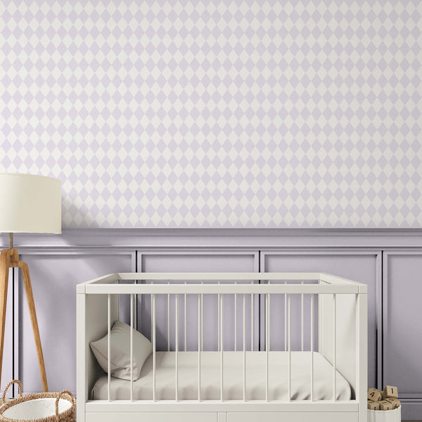 pastel purple diamond pattern wallpaper, featuring a tight, regular grid. This self-adhesive wallpaper is easy to apply and reposition, perfect for decorating small accent walls in a calm, modern style.