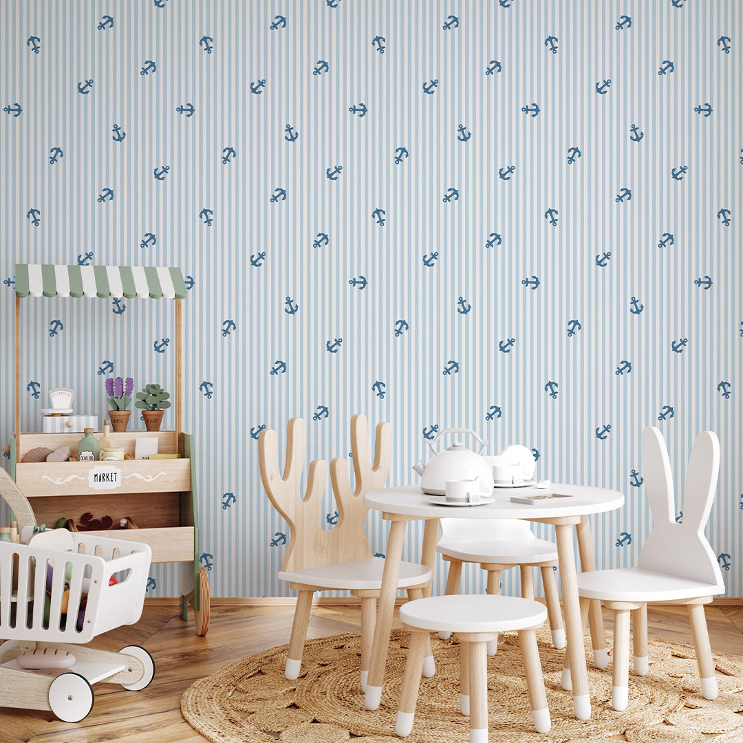 Blue Stripes & Sailboats Wallpaper A074