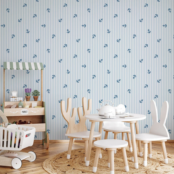 Blue Stripes & Sailboats Wallpaper A074 - CostaCover-Peel and stick Removable Wallpaper-abstract lines-abstract wall art-abstract wallpaper