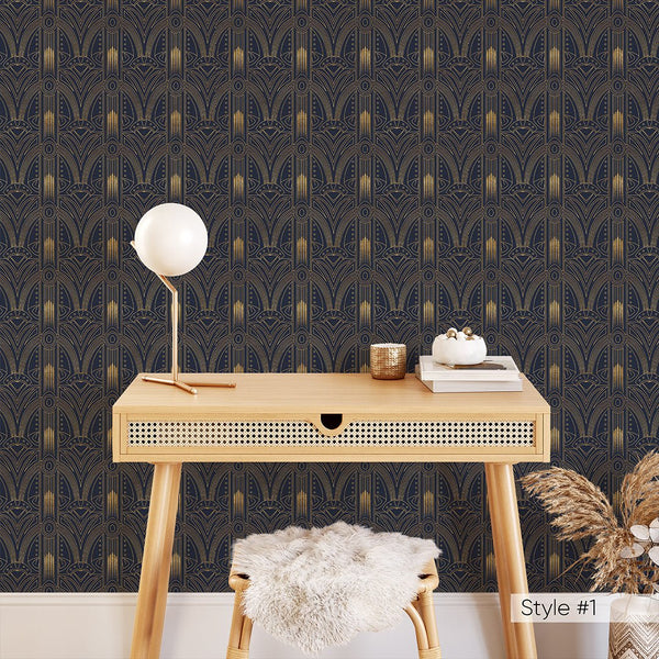 Blue Brown Gold Art Deco Wallpaper CC320 - CostaCover - Peel and stick Removable Wallpaper - Abstract Beige Gold Stripes Waves Removable Wallpaper near me - accent wallpaper - adhesive wallpaper