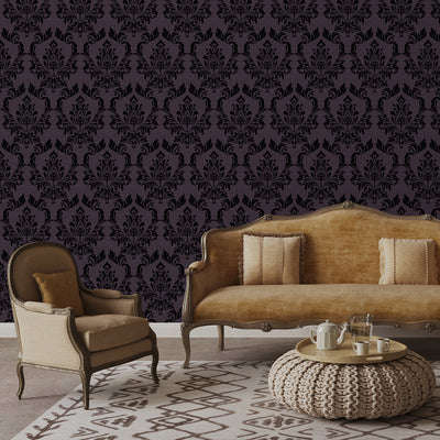 Dark Purple Damask Wallpaper A027