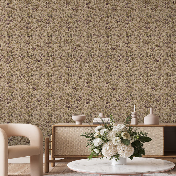 English country cottage wallpaper with detailed fig tree branches, muted olive green foliage and plum purple figs, creating a timeless botanical design.