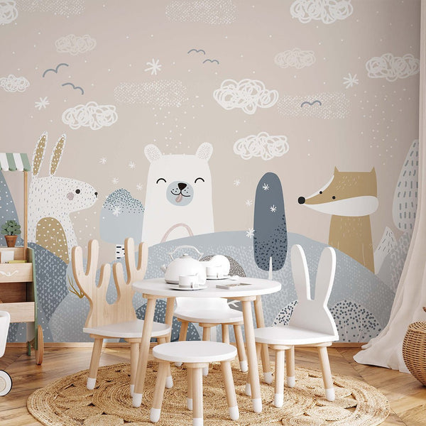 Beige Blue Cute Animal Wall Mural AM111 - CostaCover - Peel and stick Removable Wallpaper - abstract wall art - abstract wallpaper - accent wallpaper