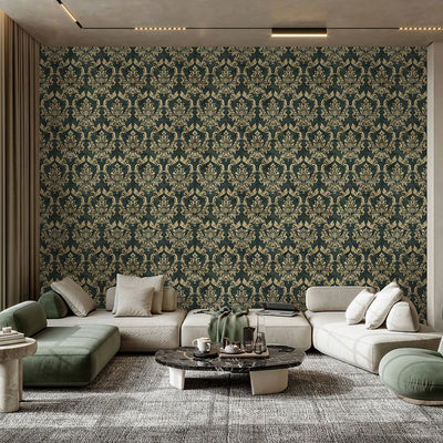 Gold Green Damask Wallpaper A029