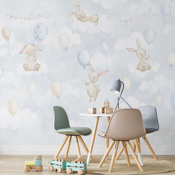 Blue Bunny & Balloons Wall Mural SM080 - CostaCover - Peel and stick Removable Wallpaper - abstract wall art - abstract wallpaper - accent wallpaper