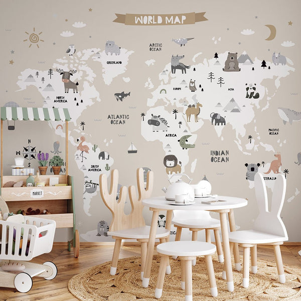 Beige World Map With Animals Wall Mural AM112 - CostaCover - Peel and stick Removable Wallpaper - abstract wall art - accent wallpaper - adhesive wallpaper