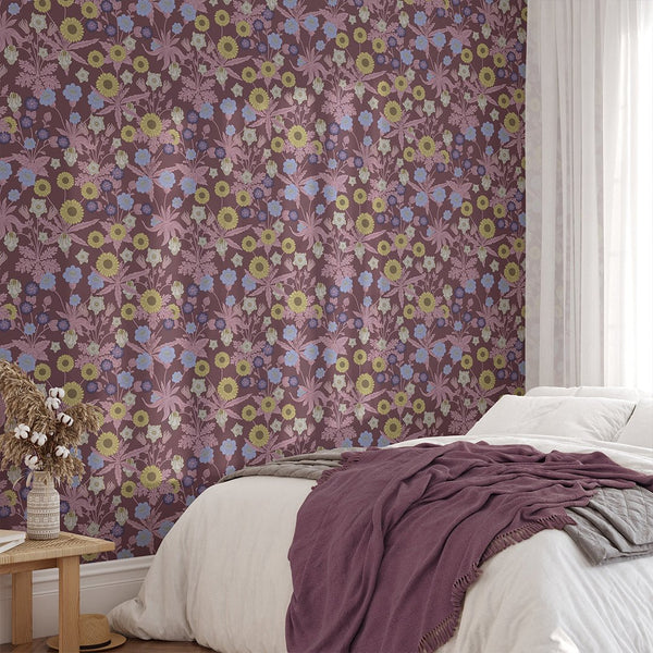 Burgundy Wildflowers by Morris Wallpaper W132 - CostaCover - Peel and stick Removable Wallpaper - abstract floral - abstract wallpaper - accent wallpaper
