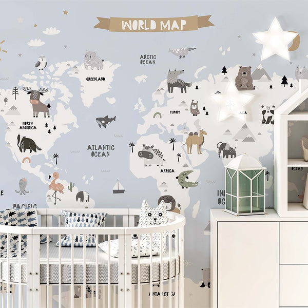 Blue World Map With Animals Wall Mural AM113 - CostaCover - Peel and stick Removable Wallpaper - abstract wall art - accent wallpaper - adhesive wallpaper