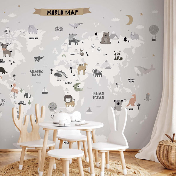 Gray World Map With Animals Wall Mural AM114