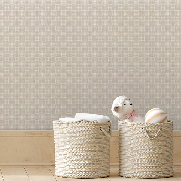 Beige geometric peel and stick wallpaper with a decorative white trellis pattern, designed for neutral bedroom, living room or home office decor.