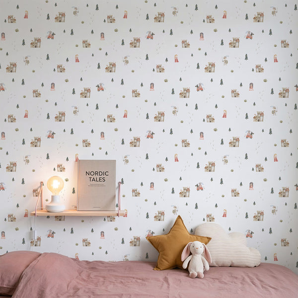 Princess castle wallpaper with tiny watercolor knights, royal characters, woodland trees and medieval castles arranged in a whimsical repeating pattern.