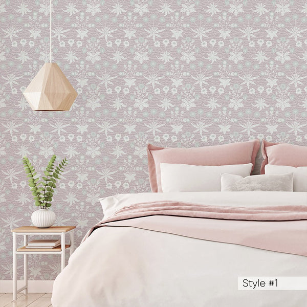 Pink Green Daisy by Morris Wallpaper W131 - CostaCover - Peel and stick Removable Wallpaper - abstract floral - abstract wall art - abstract wallpaper