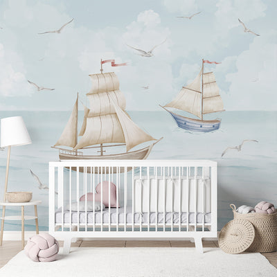 Blue Beige Sailboats Wall Mural AM151