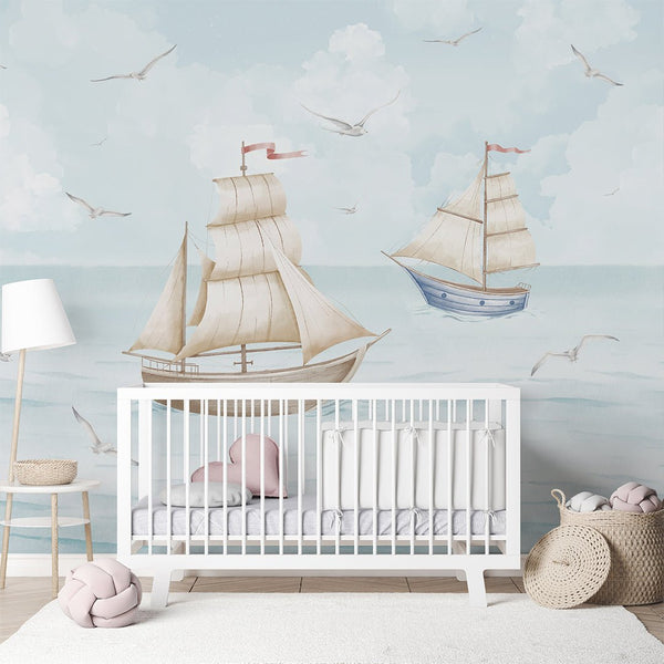 Blue Beige Sailboats Wall Mural AM151 - CostaCover-Peel and stick Removable Wallpaper-Abstract-abstract wallpaper-accent wallpaper