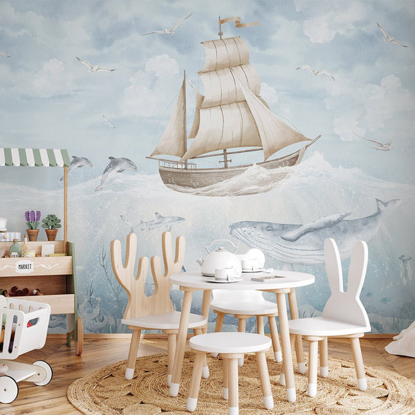 Blue Beige Sailboat & Whale Wall Mural AM152 - CostaCover-Peel and stick Removable Wallpaper-accent wallpaper-adhesive wallpaper-baby bedroom