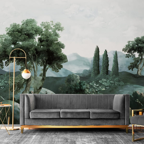 Green Vintage Landscape Wall Mural AM118 - CostaCover - Peel and stick Removable Wallpaper - abstract forest - abstract wallpaper - accent wallpaper