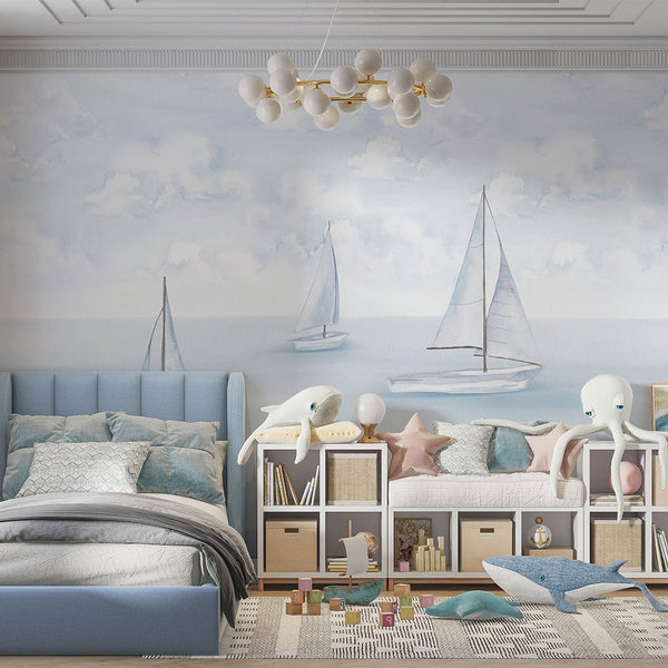 Pastel Blue Sailboats Wall Mural AM154 - CostaCover-Peel and stick Removable Wallpaper-accent wallpaper-adhesive wallpaper-baby bedroom