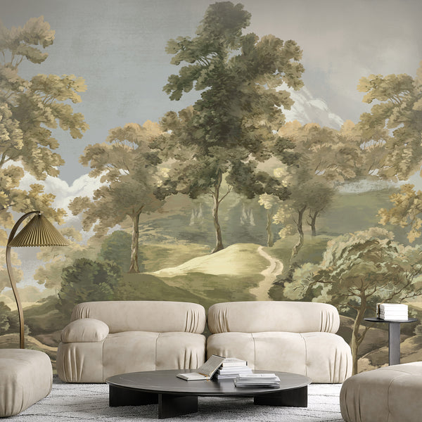 Vintage forest wall mural with lush trees, rolling green hills and a scenic pathway, ideal for modern living rooms and bedroom accent walls.