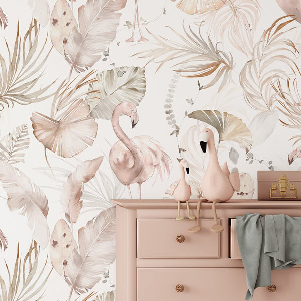 Palm Leaves & Flamingos Wallpaper W006 - CostaCover - Peel and stick Removable Wallpaper - adhesive wallpaper - baby bedroom - bedroom interior