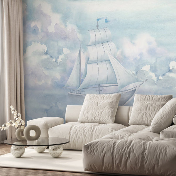 Sailboat & Cloudy Sky Wall Mural AM155 - CostaCover-Peel and stick Removable Wallpaper-accent wallpaper-adhesive wallpaper-baby bedroom