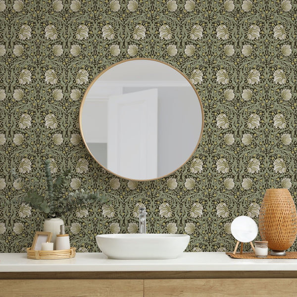 Traditional unpasted wallpaper with pimpernel and yellow accents, creating a cozy and timeless feel for living spaces.